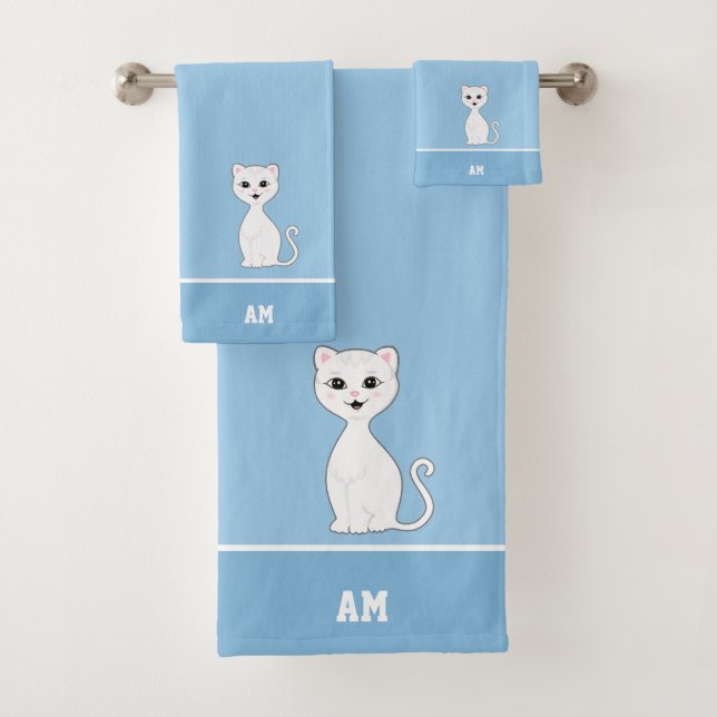 White Cat & Monogram on Light Blue Bath Towel Set (Insitu)