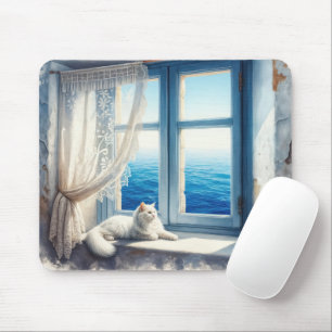 White Cat On a Windowsill With Ocean View Mouse Pad