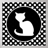 White Cat on Black and White Polka Dots