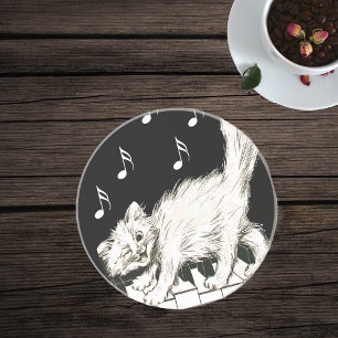 White Cat on Piano Keys Coaster