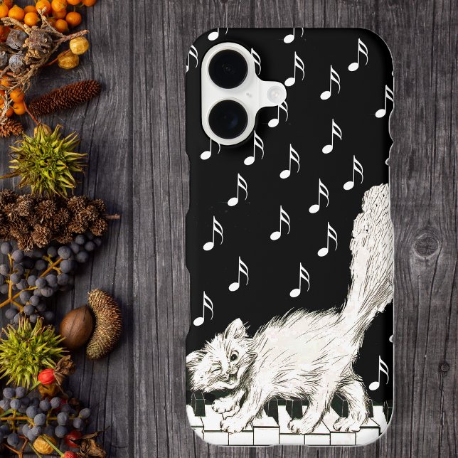White Cat on Piano Keys Music Notes (Cute winking white cat walking on piano keys music notes on black white phone case.)