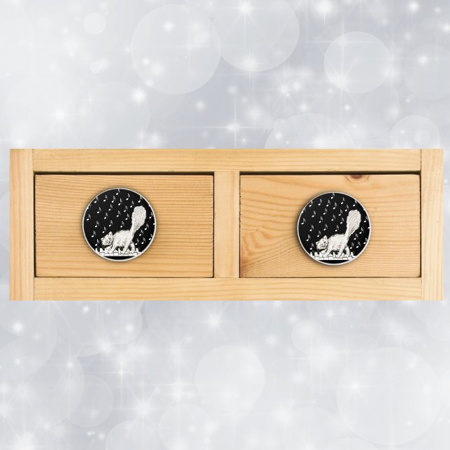 White Cat on Piano Keys Music Notes Ceramic Knob (White cat winking while walking across piano keys music notes on black drawer knob pull.)