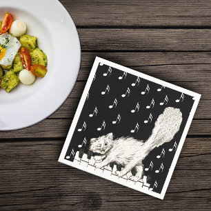 White Cat on Piano Keys Music Notes Napkin