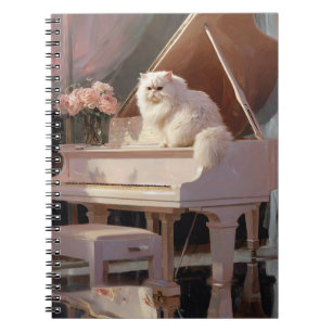 White Cat on Pink Piano Spiral Notebook