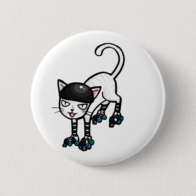 White cat on rollerskates 2 inch round button (Front)