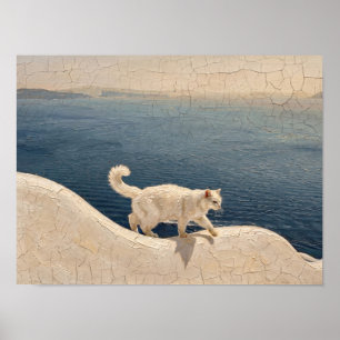 White Cat on Seaside Wall Painting Poster