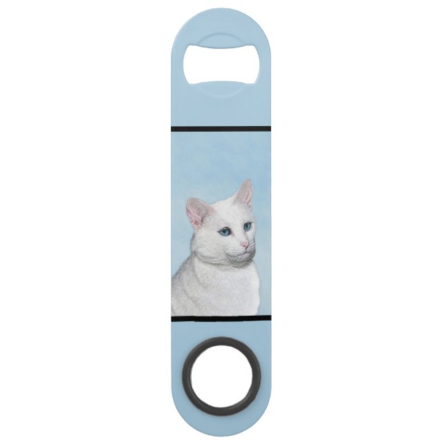 White Cat Painting - Cute Original Cat Art Bar Key (Back)