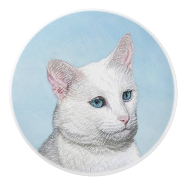 White Cat Painting - Cute Original Cat Art Ceramic Knob (Front)