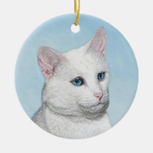 White Cat Painting - Cute Original Cat Art Ceramic Ornament