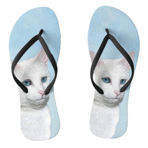 White Cat Painting - Cute Original Cat Art Flip Flops