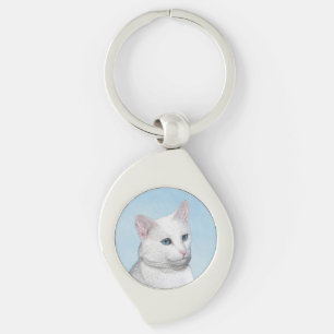 White Cat Painting - Cute Original Cat Art Keychain