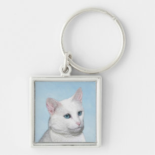 White Cat Painting - Cute Original Cat Art Keychain
