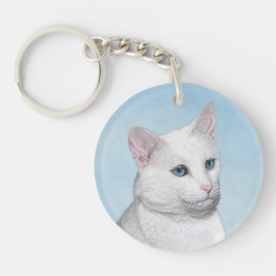 White Cat Painting - Cute Original Cat Art Keychain