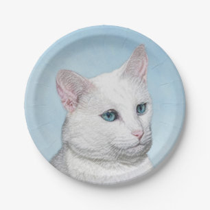 White Cat Painting - Cute Original Cat Art Paper Plate