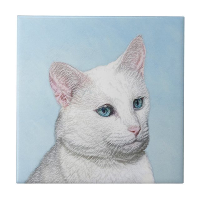 White Cat Painting - Cute Original Cat Art Tile (Front)