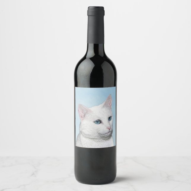 White Cat Painting - Cute Original Cat Art Wine Label (Front)