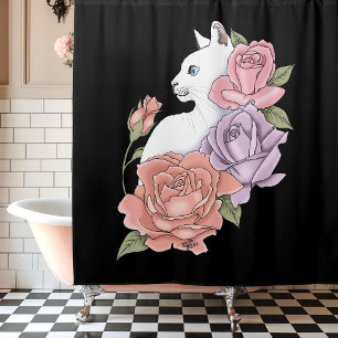 White Cat Pastel Floral Black Romantic Botanical