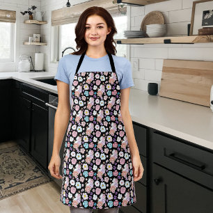 White Cat Pastel Floral Black Romantic Botanical Apron
