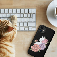 White Cat Pastel Floral Black Romantic Botanical