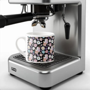 White Cat Pastel Floral Black Romantic Botanical Espresso Cup