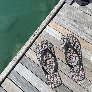 White Cat Pastel Floral Black Romantic Botanical Flip Flops