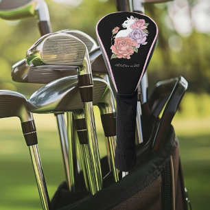 White Cat Pastel Floral Black Romantic Botanical Golf Head Cover
