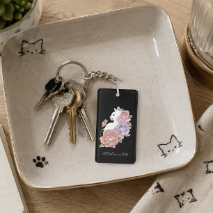 White Cat Pastel Floral Black Romantic Botanical Keychain