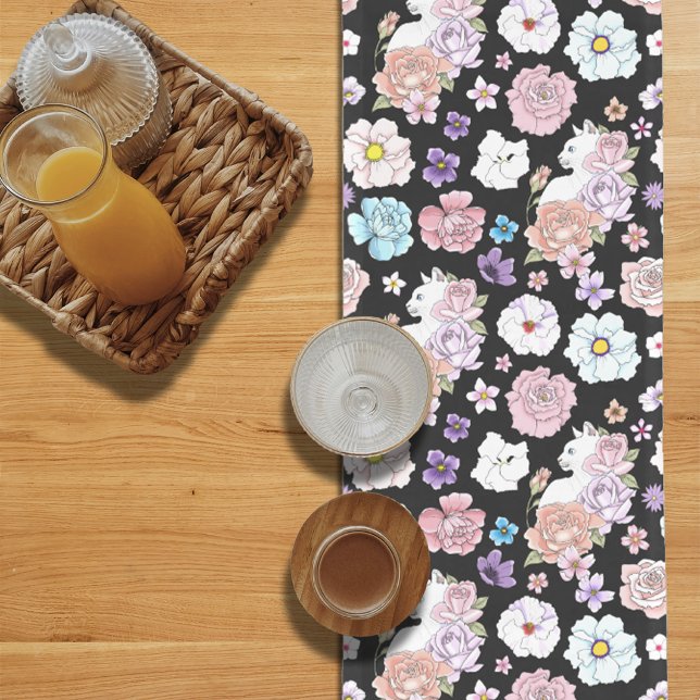 White Cat Pastel Floral Black Romantic Botanical Long Table Runner (Creator Uploaded)