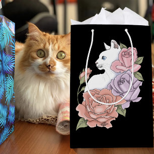 White Cat Pastel Floral Black Romantic Botanical Medium Gift Bag