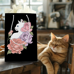 White Cat Pastel Floral Black Romantic Botanical Medium Gift Bag