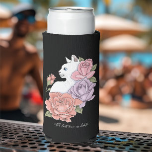 White Cat Pastel Floral Black Romantic Botanical Seltzer Can Cooler