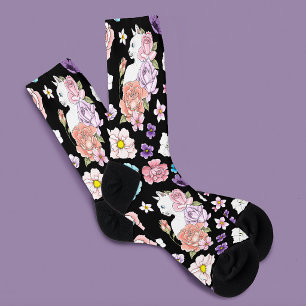 White Cat Pastel Floral Black Romantic Botanical Socks