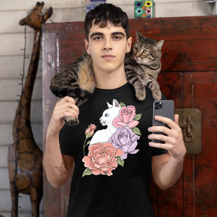 White Cat Pastel Floral Black Romantic Botanical T-Shirt