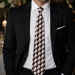 White Cat Pastel Floral Black Romantic Botanical Tie