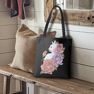 White Cat Pastel Floral Black Romantic Botanical Tote Bag