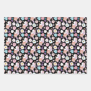 White Cat Pastel Floral Black Romantic Botanical Wrapping Paper Sheet
