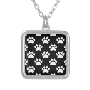 White Cat Paws And Claws Pattern Print Silver Plated Necklace