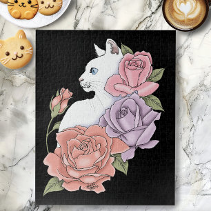White Cat Peach Lavender Pink Roses Jigsaw Puzzle