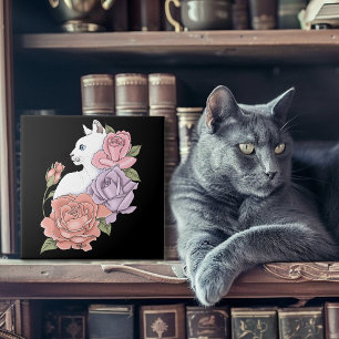 White Cat Peach Lavender Pink Roses Tile