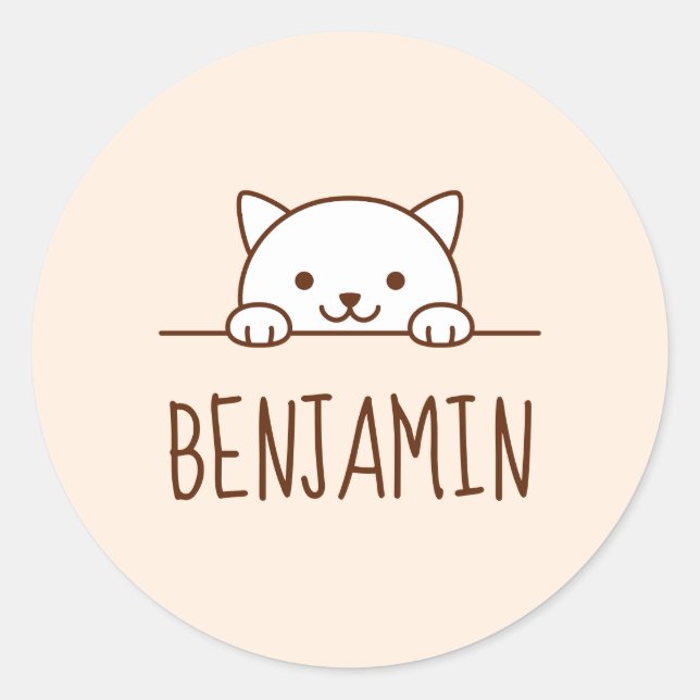 White Cat Peeking above Custom Name Classic Round Sticker (Front)