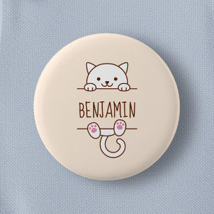 White Cat Peeking behind Custom Name 2 Inch Round Button