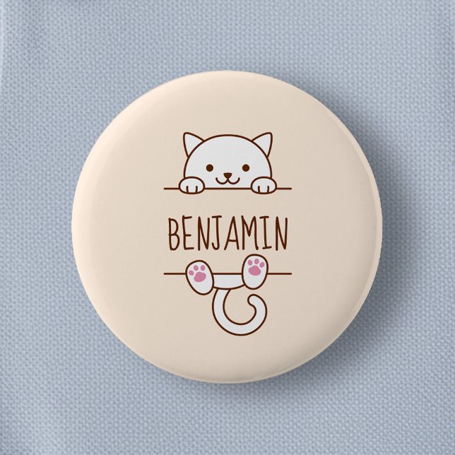 White Cat Peeking behind Custom Name 2 Inch Round Button (Creator Uploaded)
