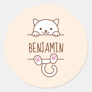White Cat Peeking behind Custom Name Classic Round Sticker