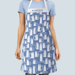 White Cat Personalized Blue Apron<br><div class="desc">Fun little white kitty cats on a blue background, purrfect for animal lovers. Change the name to customize.</div>