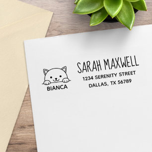 White Cat Pet Name Address Rubber Stamp