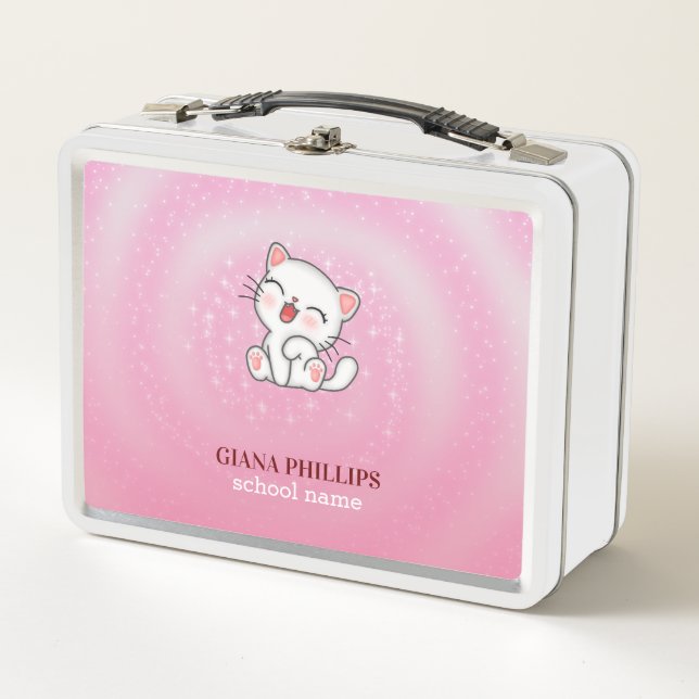 White Cat Pink Background Metal Lunch Box (Front)