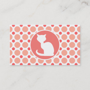 White Cat; Pink & Coral Polka Dots Business Card