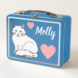 White Cat Pink Hearts Personalized Metal Lunch Box