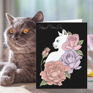 White Cat Pink Pastel Roses Black Mother's Day Card