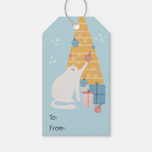 White cat plays with ornaments Christmas tree gift Gift Tags